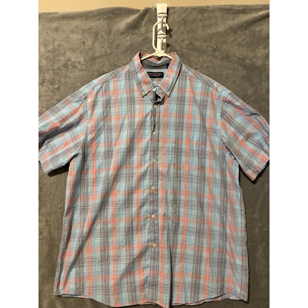 Roundtree & Yorke Mens XL Plaid Short Sleeve Button Down Shirt Blue Orange